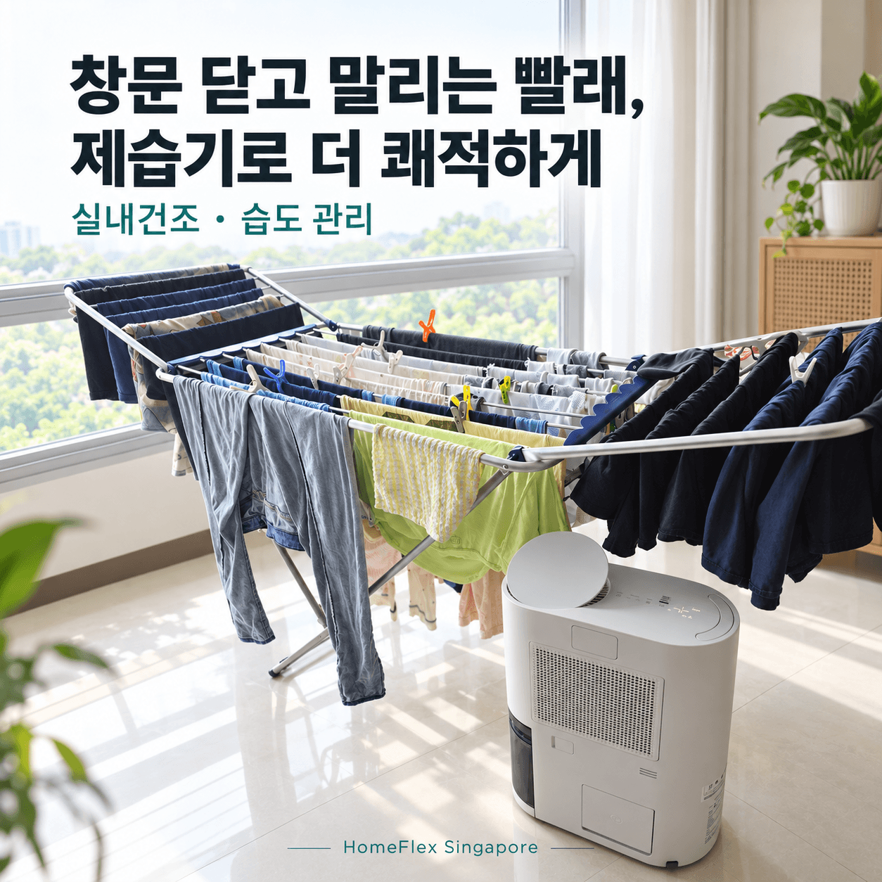 싱가포르의 밝은 실내에서 빨래 건조대 옆에 놓인 제습기
