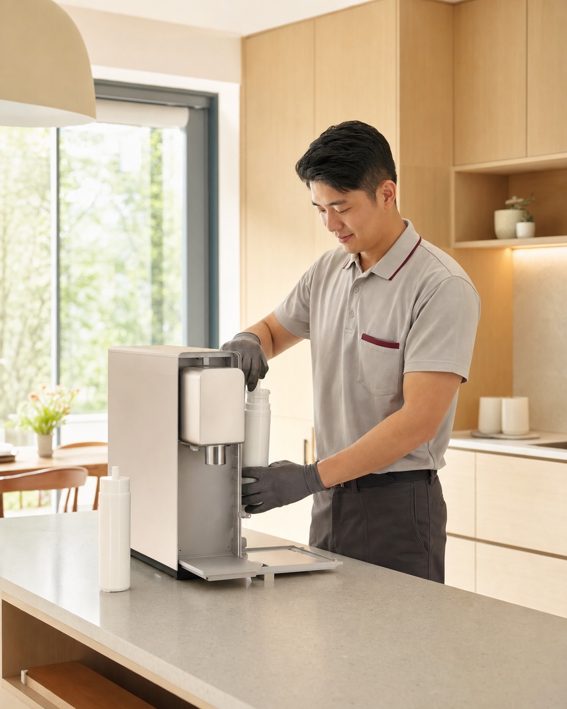 Professional appliance care specialist servicing a water purifier in a bright Singapore home